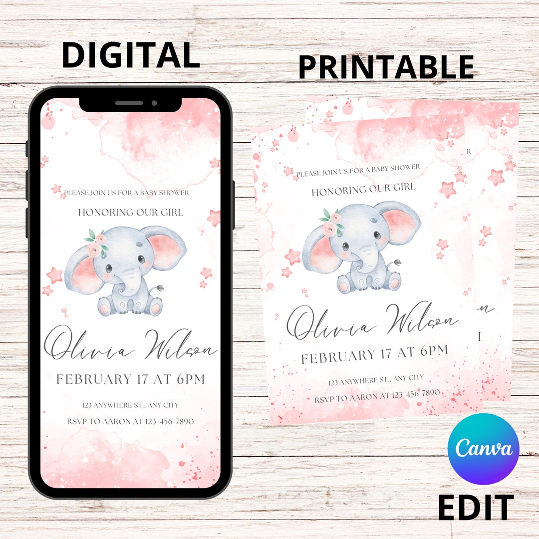 Pink Blush Rose Gold Elephant Baby Shower Invitation Girl Baby Elephant ...