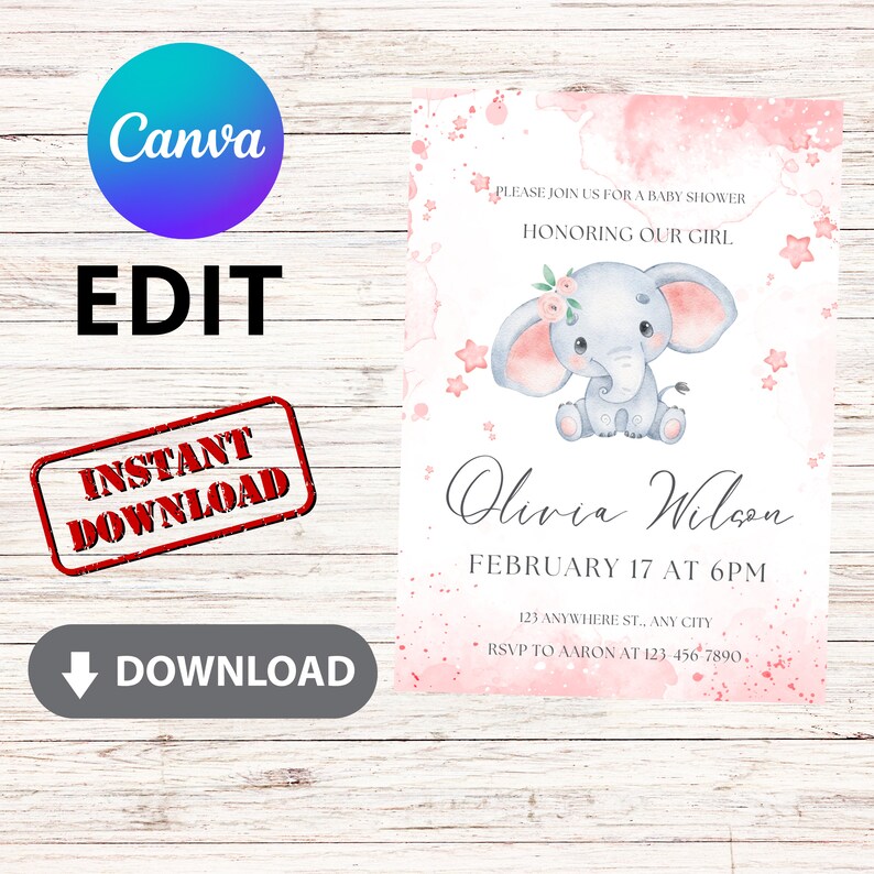 Pink Blush Rose Gold Elephant Baby Shower Invitation Girl Baby Elephant ...