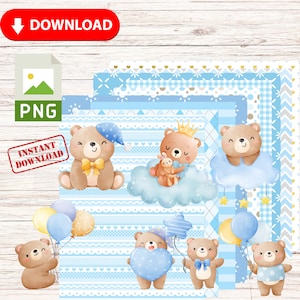 Bear boy Digital papers and Clipart, bears Boy Baby Shower, Birthday Blue Birth Announcement, Scrapbooking Paper Party Theme