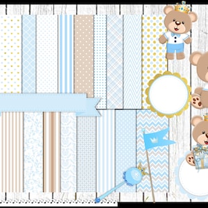 Carte Digitali e Clipart Corona d'Oro, Orsi per Baby Shower Maschile, Annuncio di Nascita Blu di Compleanno, Carta da Scrapbooking per Tema