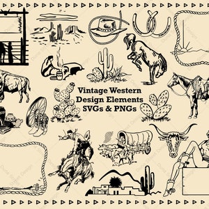 Retro Vintage Western SVG PNG Dateien Digitaler Download Mid Century Cowboy Cowgirl Wüste Kaktus Büffel Lasso Hut Ranch Pferd Hufeisen