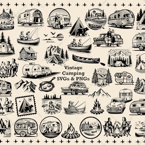 Bundle de clipart vectoriel de vacances d'été rétro - SVG et PNG du milieu des années 1950 - utilisation commerciale en plein air - canoë de montagne tente de camping-car