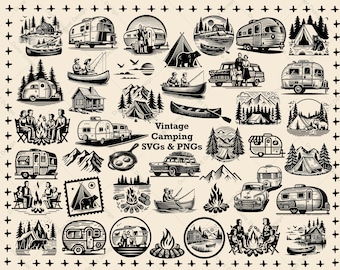 Pacchetto clipart di campeggio retrò: grafica per le vacanze estive degli anni '50 (SVG e PNG)