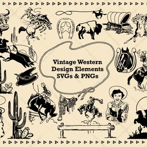 Retro Vintage Western SVG PNG-bestanden digitale download Midcentury Cowboy Cowgirl Desert Cactus Hitch Post Lasso Buffalo Hoefijzer Zadelwagen