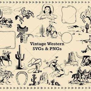 Retro Vintage Western SVG PNG Dateien Digitaler Download | Midcentury Cowboy Cowgirl Wüste Kaktus Stiefel Hut Lasso Rahmen Büffelhufeisensattel