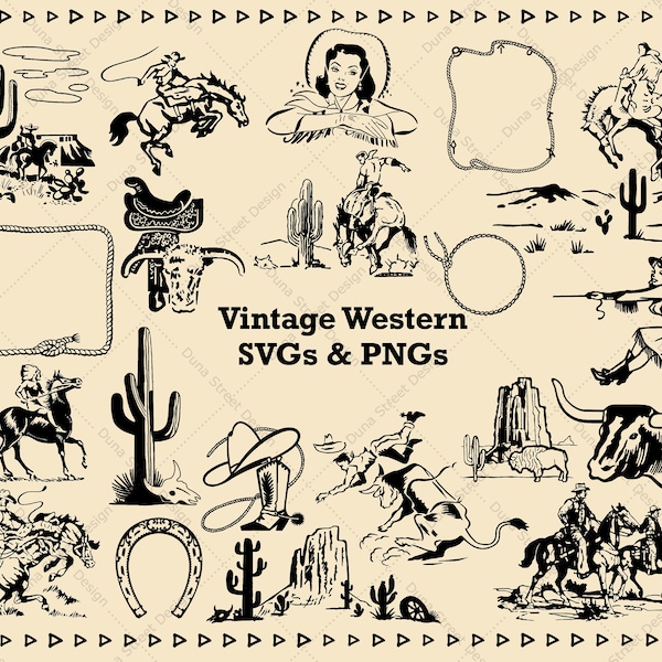 Retro Vintage westerse SVG PNG-bestanden digitale download | Midcentury Cowboy Cowgirl Woestijn Cactus Boot Hat Lasso Frame Buffalo Hoefijzerzadel