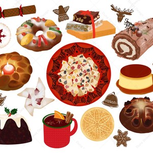 May include: An illustration of various Christmas treats, such as a Yule log, Christmas pudding, and cookies. A red mug of mulled wine with an orange slice and cinnamon stick is also present, along with a Christmas cracker and nougat.
