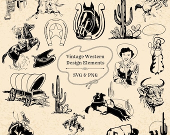 Retro Western Clipart Bundle: Cowboy, Cactus, Buffalo (SVG, PNG Digital Download