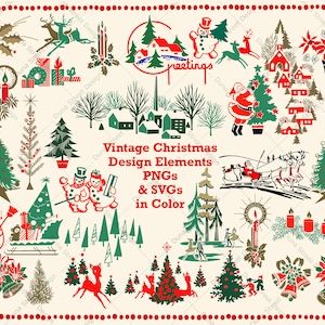 Retro Weihnachten PNG und SVG Clipart Design Elements 1940s 1950s | Digitaler Download-Dateien | Midcentury Retro Rehe Winter Bäume Nikolaus Geschenke