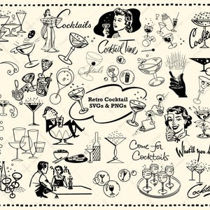 Elementi di design SVG e PNG per cocktail retrò vintage, file di download digitale, clipart di bar commerciali atomici moderni di metà secolo degli anni '40, '50 e '60