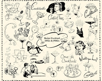 Retro Cocktail Clipart: Mid-Century Modern Bar Design Elements (SVG & PNG Digital Download Files)