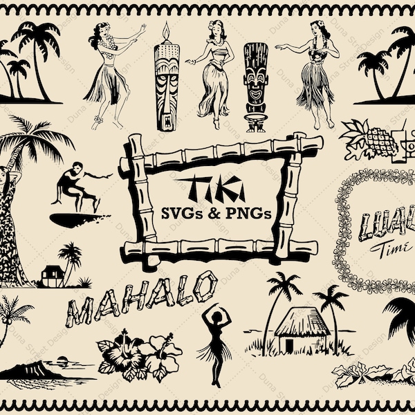 Retro Vintage Tiki Clipart SVG PNG Download files Mid Century Bamboo Hibiscus Lei Hula girl Surfer Beach Tropical Palm Tree Hawaii Polynesia