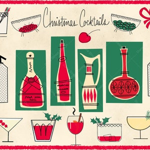Pack de cliparts d'invitations à un cocktail des Fêtes | Fichiers PNG à téléchargement numérique | Mid-Century Atomic vintage Noël 1950s 1960s Rouge et vert