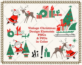 Retro Christmas Clipart: 1950s Style Deer, Santa, Trees (PNG & SVG Digital Download Files)