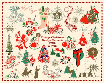 Retro Christmas Clipart: 1950s Style Deer, Santa, Angel (PNG SVG Digital Download