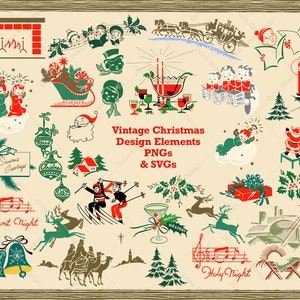 Elementi di design retrò di Natale PNG e SVG Clipart vintage anni '40 e '50 / File di download digitale / Presepe di metà secolo Cantori di Natale Angeli Alberi