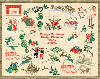 Op de afbeelding: Een verzameling vintage kerstontwerpelementen in rood, groen en wit. De elementen omvatten een slee, een kerstboom, een kerstman, een sneeuwpop, een kous, een bel, een ster, een kaars, een cadeau, een muzieknoot en een kerststal. De tekst "Vintage Christmas Design Elements PNGS & SVGs" is ook inbegrepen.