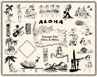 Retro Tiki Clipart Bundle: Vintage Hawaiian SVG PNG Files (Digital Download)