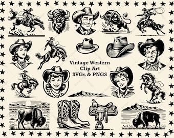 Retro Western Clipart: 40er Jahre Cowboy Cowgirl Grafik (SVG, PNG digitaler Download)
