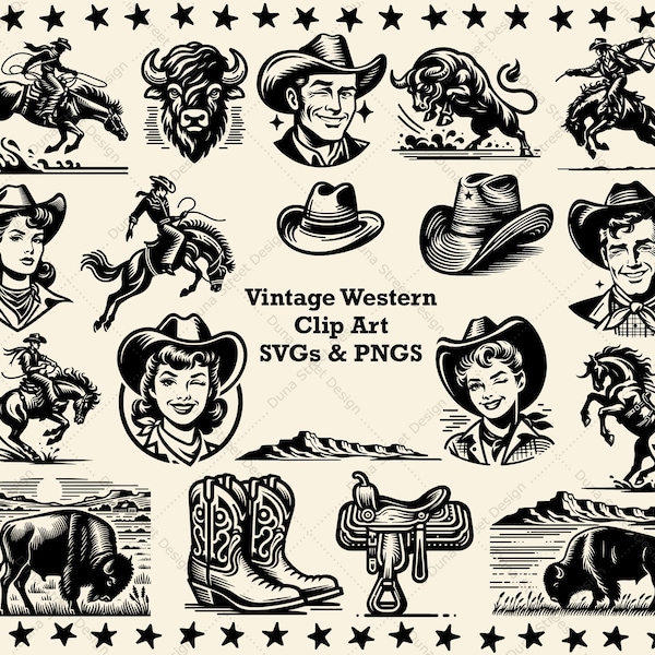 Retro 1940s or 1950s Western SVG PNG Files Digital Download Commercial Clipart | Cowboy Cowgirl Boots Hat Buffalo Saddle Horse Desertscape