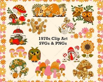 Retro 70s Mushroom Clipart: Groovy Vintage Designs (SVG, PNG Digital Download