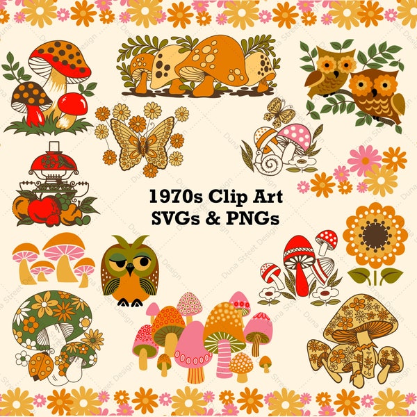 Retro 1970s Mushroom Clip Art design elements - SVG PNG Digital Download Files - 70s Nostalgia, Owl, Butterfly, Flowers, Grandma, Groovy