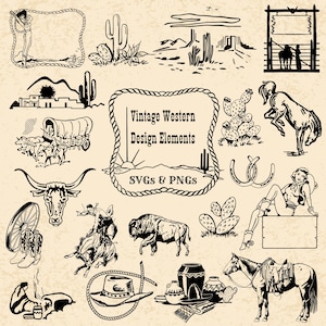 Op de afbeelding: Vintage Western Design Elements in zwart en wit. De afbeelding bevat illustraties van een cowboy, cactus, een huifkar, een paard, een stier, een cowboy die op een stier rijdt, een buffel en andere westerse thema-afbeeldingen.