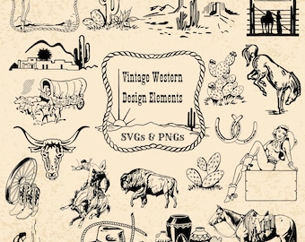 Retro Western Clipart Bundle: Cowboy, Cactus, Buffalo (SVG PNG Digital Download)