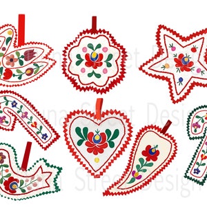May include: Eight handmade felt Christmas decorations featuring traditional folk art embroidery. The decorations are shaped like a star, heart, candy cane, bird, and a flower. The decorations are decorated with red, green, white, and blue embroidery.