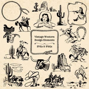 Retro Western Clipart: Cowboy, Cowgirl, Cactus, Buffalo - SVG PNG Files (Digital Download)