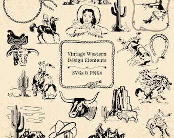 Retro Western Clipart: Cowboy, Cowgirl, Cactus, Buffalo - SVG PNG Files (Digital Download)