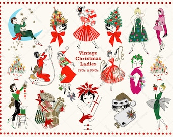 Vintage Christmas Ladies Clip Art: Elegant Holiday Fashion Girls (PNG, SVG Digital Download)
