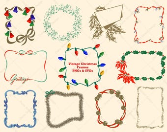 Retro Christmas Borders: 1950s Style Frames, Lights, Reindeer, Holly, Bells (PNG & SVG Digital Download Files)