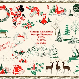 Éléments de conception Clipart vintage Noël PNG et SVG vintage des années 1940 des années 1950 | Fichiers numériques à télécharger | Bougies de couronne d'arbres d'hiver de cerf du milieu du siècle