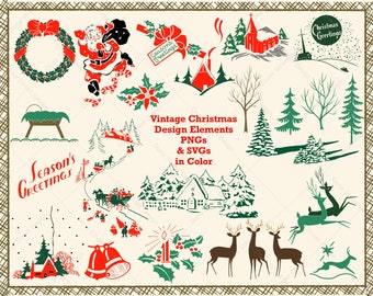 Retro Christmas Clipart: 1950s Style Deer, Trees, Wreath (PNG, SVG Digital Download Files)