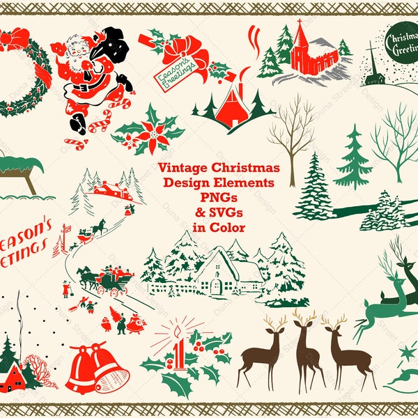 PNG & SVG Vintage kerst clipart ontwerpelementen jaren 1940 en 1950 | Digitale downloadbestanden | Midcentury Retro Herten Winter Bomen Krans Kaarsen