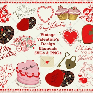 Retro Valentine&#39;s Day Clipart: 1940s-50s PNG SVG Design Elements (Download Files)