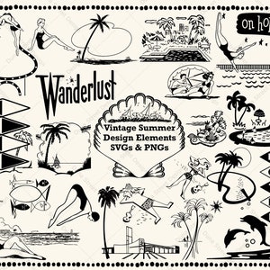 Retro Atomic Summer Vacation Holiday Design Elements 300 dpi SVG & PNG Clip Art Bundle - Vintage Mid Century Modern 1950s Palm Springs theme