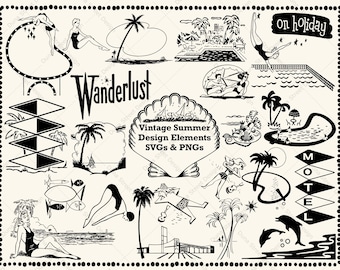 Retro Vintage Atomic Summer Vacation Holiday Design Elements 300 dpi SVG & PNG Clip Art Bundle - Mid Century Modern 1950s Palm Springs theme