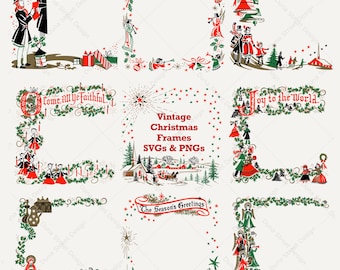 Retro Christmas Frames Borders PNG & SVG, Digital Download Files - Church village, angels, manger, 3 kings, carolers Vintage 1940s 1950s