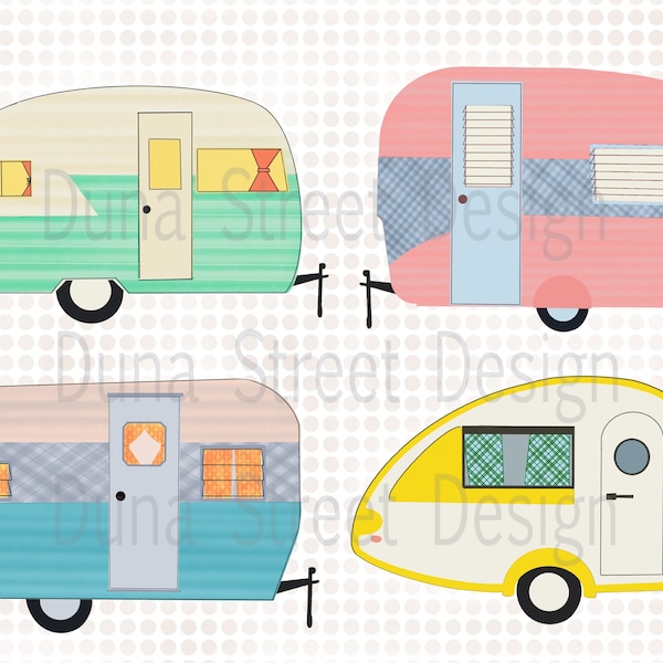 Retro Camper / Trailer Clip Art Bundle Pack | 300 dpi Digital Download PNG, JPEG, PDF Midcentury Vintage Atomic Canned Ham, Teardrop