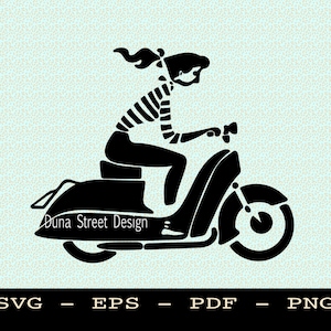 Moped Mädchen Motorrad Roller SVG PNG EPS PdF-Dateien | Digitaler Download | Midcentury Atomic 1950er 1960er Vektor Reisen Transport Urlaub