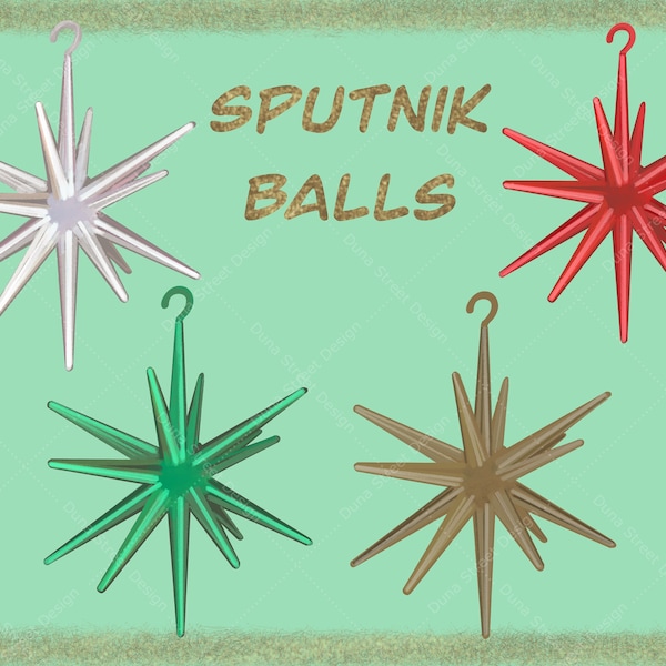 Vintage Christmas Ornaments Clip Art Bundle Pack | 300 dpi Digital Download PNG Files | Midcentury Modern Atomic Sputnik Starburst Ornament