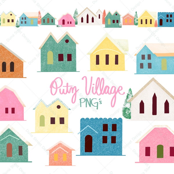 Vintage Christmas Putz Village Clip Art Bundle Pack | 300 dpi Digital Download PNG Files | Midcentury Atomic 1940s 1950s Retro Glitter House