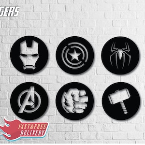 Avengers Wood Wall Art Set of 6, Geometric Wall Decor, 3D Wooden Superhero Logo Wall Hanging,Thor, Hulk, Spiderman, Ironman,Fathers Day Gift