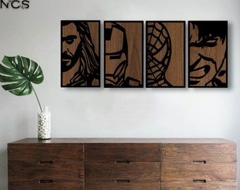 Avengers Portraits Wooden Wall Art set of 4, Geometric Wall Decor, 3D Wooden Superhero ; Thor, Hulk, Spider-Man, Iron Man, Christmas Gift