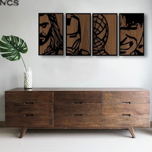 Avengers Portraits Wooden Wall Art set of 4, Geometric Wall Decor, 3D Wooden Superhero ; Thor, Hulk, Spider-Man, Iron Man, Christmas Gift