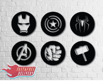 Avengers Holz Wand Kunst Set von 6, geometrische Wanddekoration, 3D Holz Superheld Logo Wandbehang, Thor, Hulk, Spiderman, Ironman, Vatertagsgeschenk