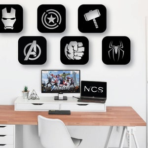 Avengers Wood Wall Art Set of 6, Geometric Wall Decor, 3D Wooden Superhero Logo Wall Hanging,Thor, Hulk, Spiderman, Ironman, Christmas Gift