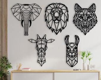 Safari Animals Geometric Wood Wall Decor Set,Baby room decor,Nursery Decor,Lion,Elephant,Giraffe,Wolf,Lama Baby Shower Gift,